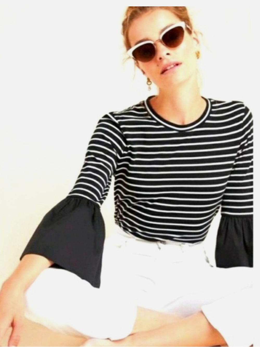 Anthropologie Adele Black and White Striped Bell-Sleeve Top | Size Large